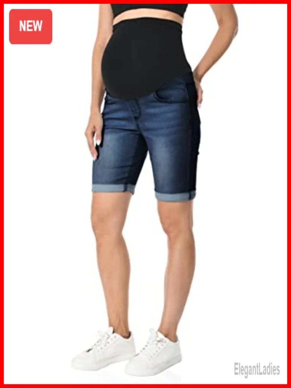Maternity Denim Bermuda Shorts High Rise Rolled Cuff